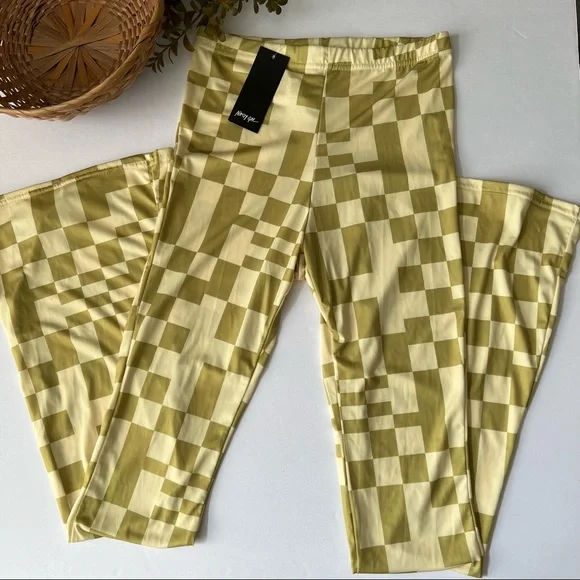 NWT Nasty Gal | Green Abstract Checkered Flares - Picture 2 of 7